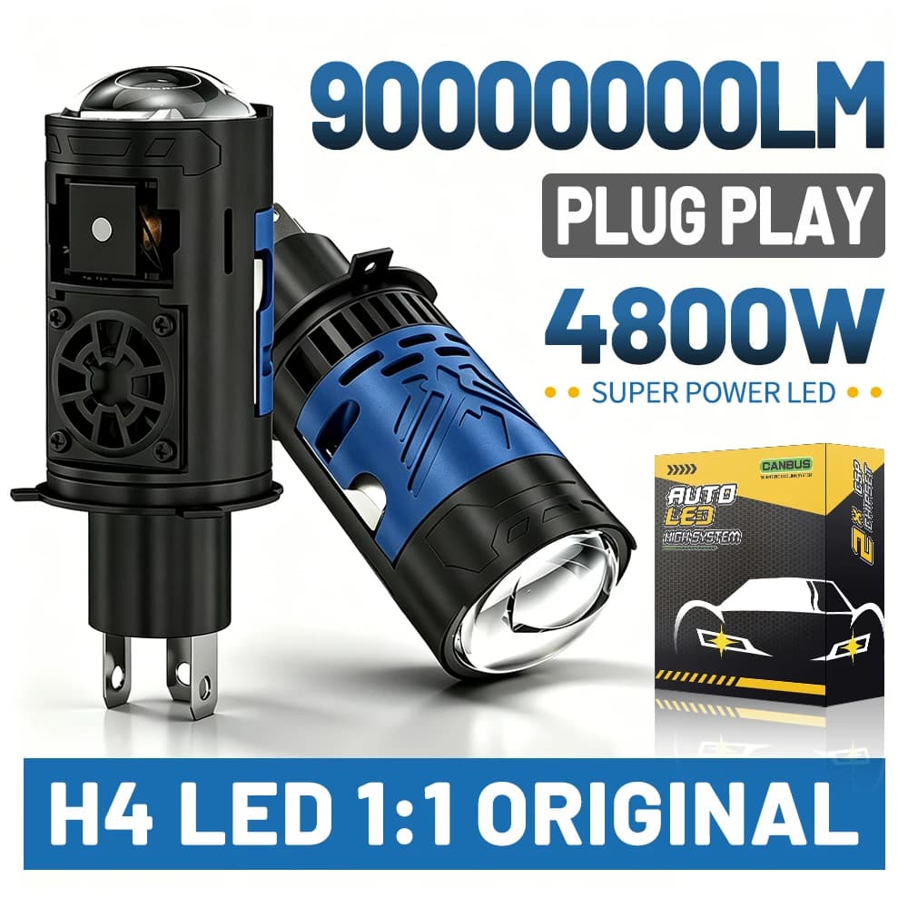4800W 90000000LM H4 LED Mini Projector Lens 12V 6500K High Low Beam Turbo Fan Auto Headlamp High Power Motorcycle Bulb Plug&Play