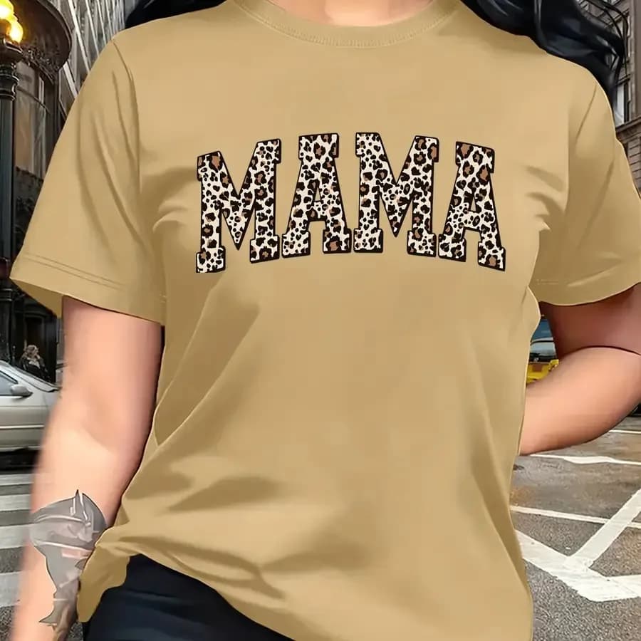 【Nuovo arrivo】T-shirt casual color kaki con stampa leopardata e stampa testo MAMA
