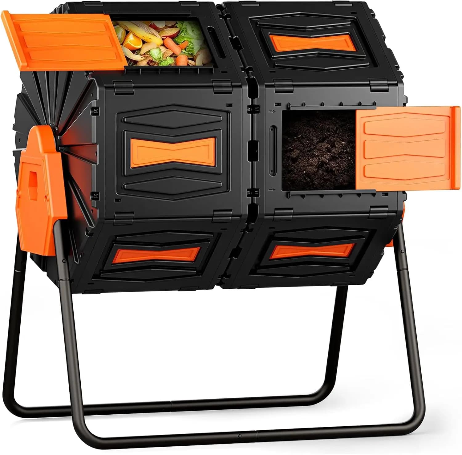 Outdoor Compost Tumbler Bin Dual Chamber Rotating Garden Waste Composter Large Capacity Efficient Kitchen Scrap Decomposer Bin With Sliding Door Orange