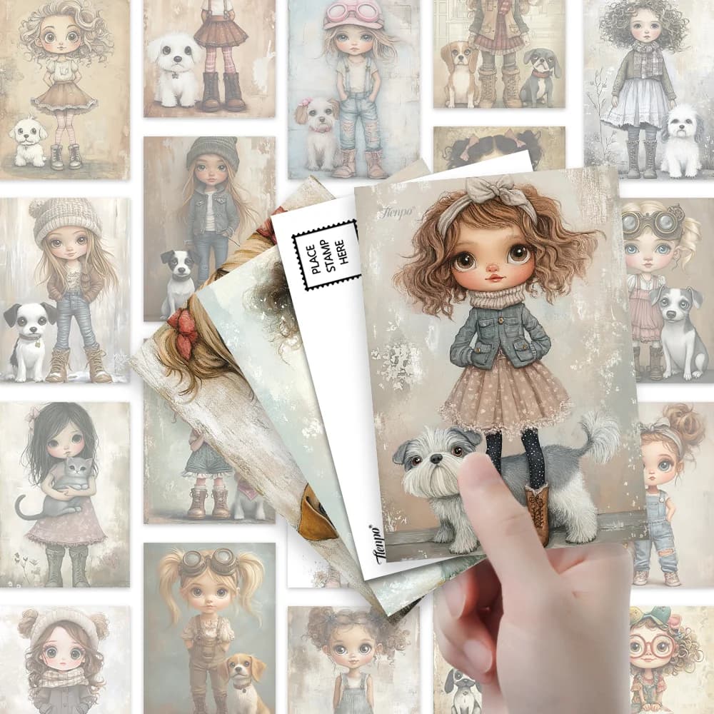 Cartoline per bambole carine vintage da 32 pezzi, bambola e cane da compagnia, stile illustrazione, cartoncino spesso, stampa ad alta definizione, collezione regalo