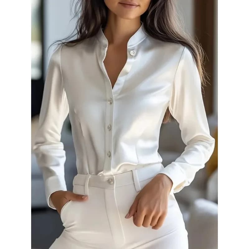 Women's Satin Stand Collar White Shirts Spring Autumn 2026 Long Sleeves Button Down Business Workwear Blouses Tops 187724