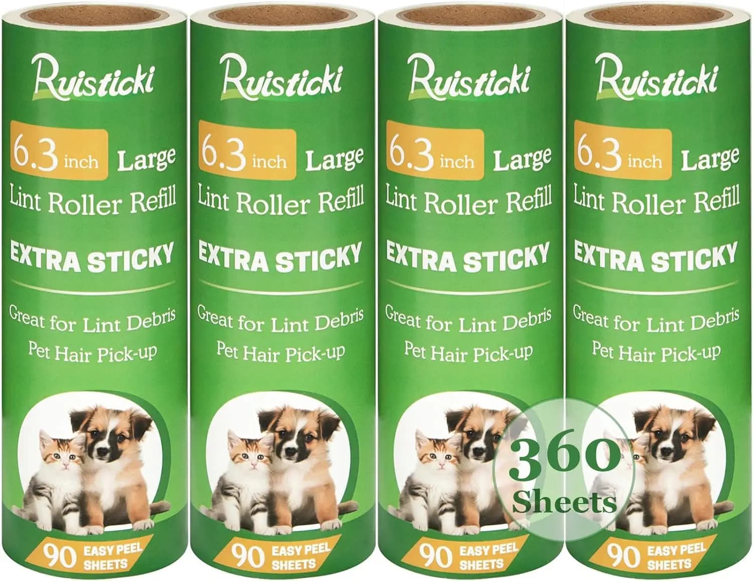 6.3'' Lint Roller Refills, 4-Pack, 360 Sheets, Extra Sticky for Pet Hair & Lint