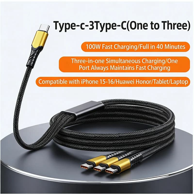 Cavo di Ricarica Rapida 3 in 1 USB C da 100W per iPhone 17 16 15 Pro Max, Huawei, Xiaomi, Samsung