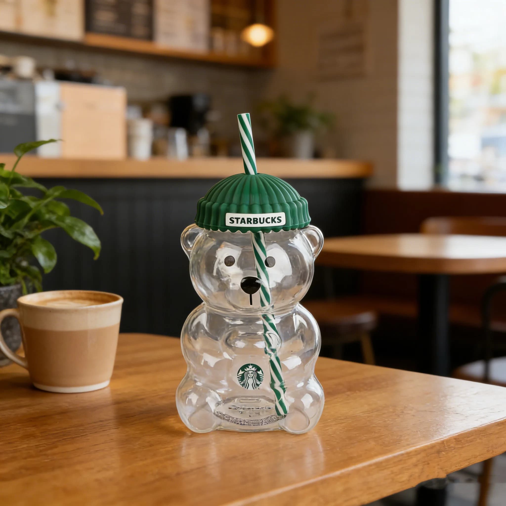 Bicchiere in Vetro Starbucks Bearista Bear 20oz 591ml con Coperchio Verde e Cannuccia per Acqua Fredda, Regalo per la Casa