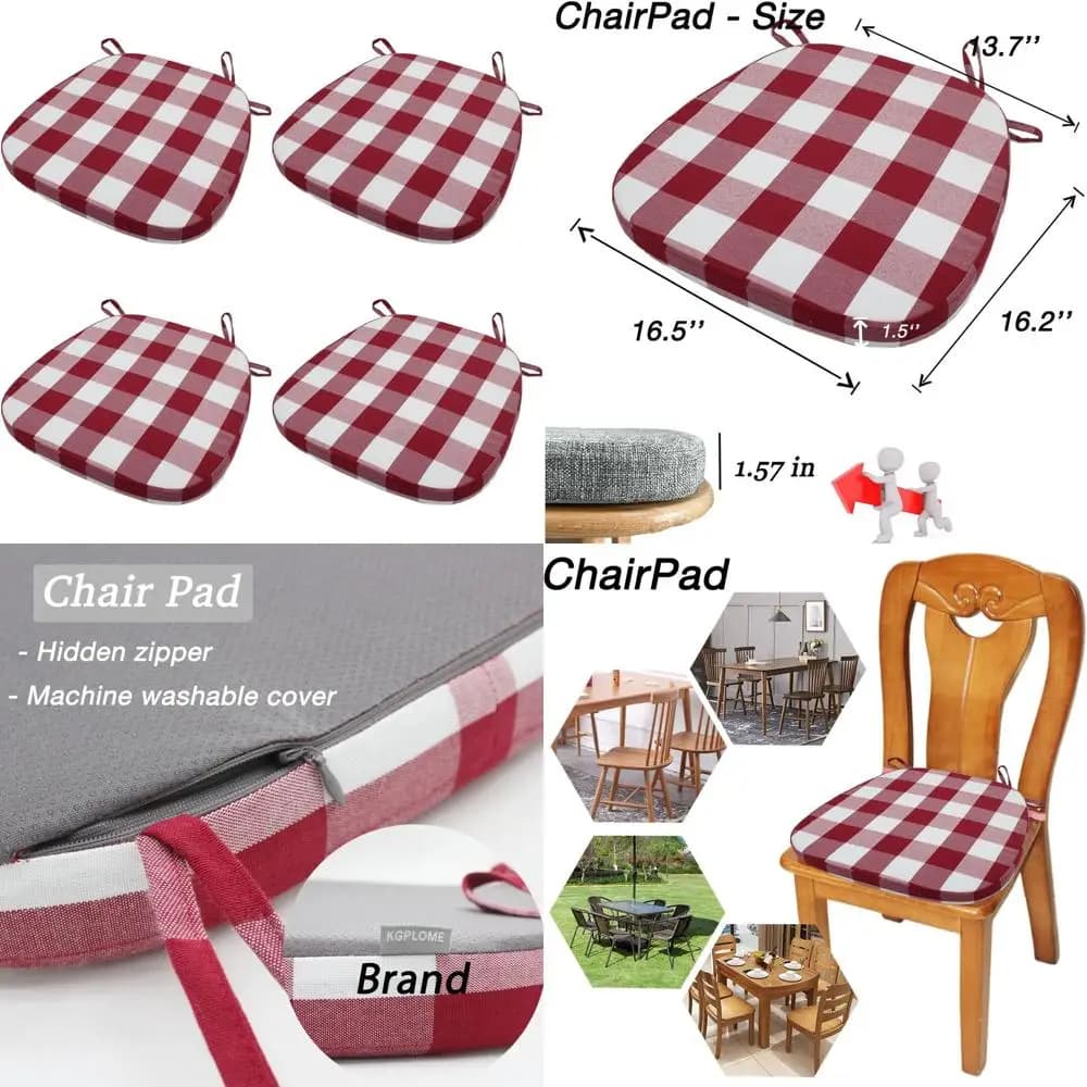 Cuscini di seduta in memory foam con fascette per sedie da pranzo - Cuscinetti per sedie da cucina antiscivolo, fodere lavabili (16,5x16,2 pollici), rosso Whi