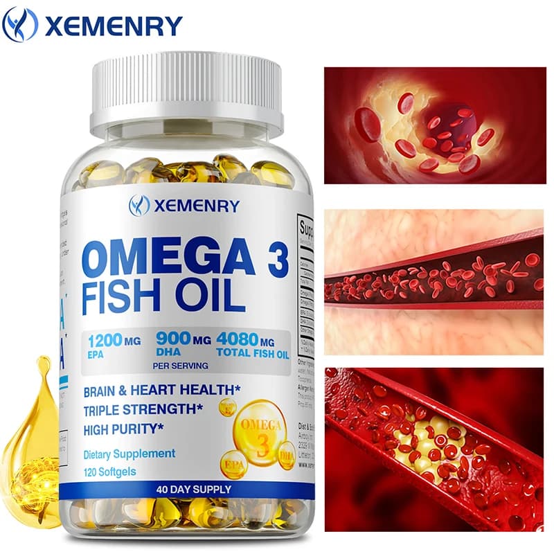 Omega 3 Fish Oil - Designed to support heart, brain, joints and skin, rich in EPA, DHA, vitamin E, non GMO food supplement