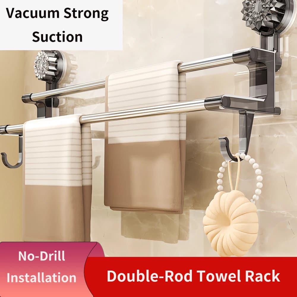 Suction cup towel rack, no-drill wall-mounted bathroom storage rack with double bars