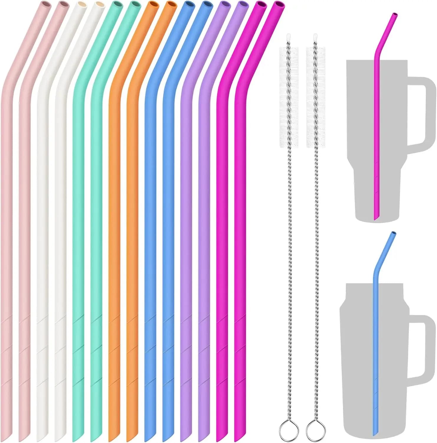 Confezione da 14 cannucce riutilizzabili in silicone da 14 pollici per bicchieri grandi e bottiglie d'acqua, tagliabili, con 2 spazzole per la pulizia, arcobaleno