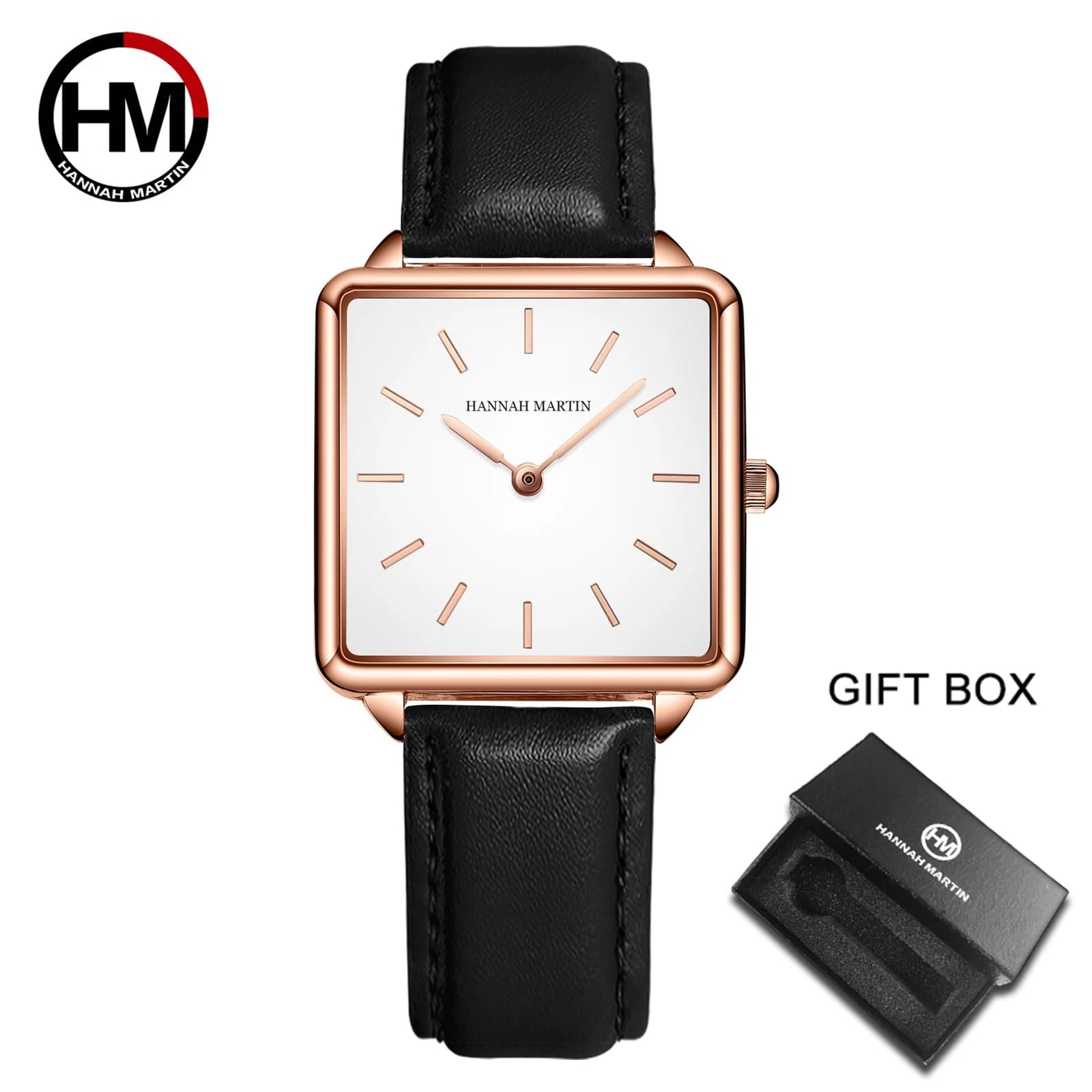 Hannah Martin Simple Leather Quartz Watch For Women Fashion Japanese Movement Wristwatch Casual All-Match Clock Black Box Gift