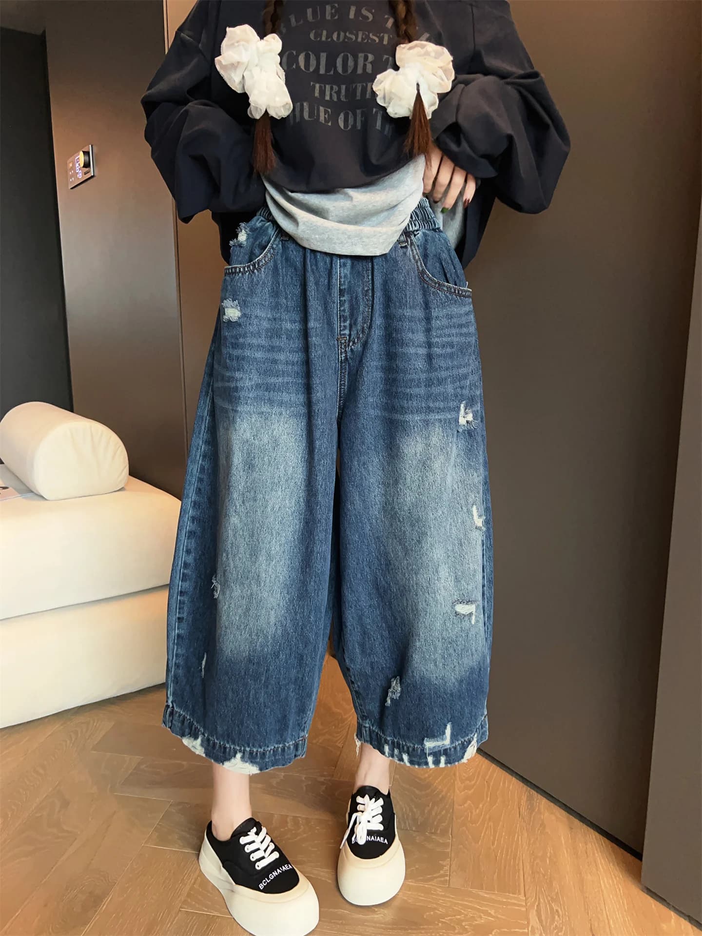 Jeans Vintage alla Moda da Donna a Gamba Dritta, Pantaloni Larghi Primaverili ed Estivi a Vita Naturale con Chiusura a Bottoni