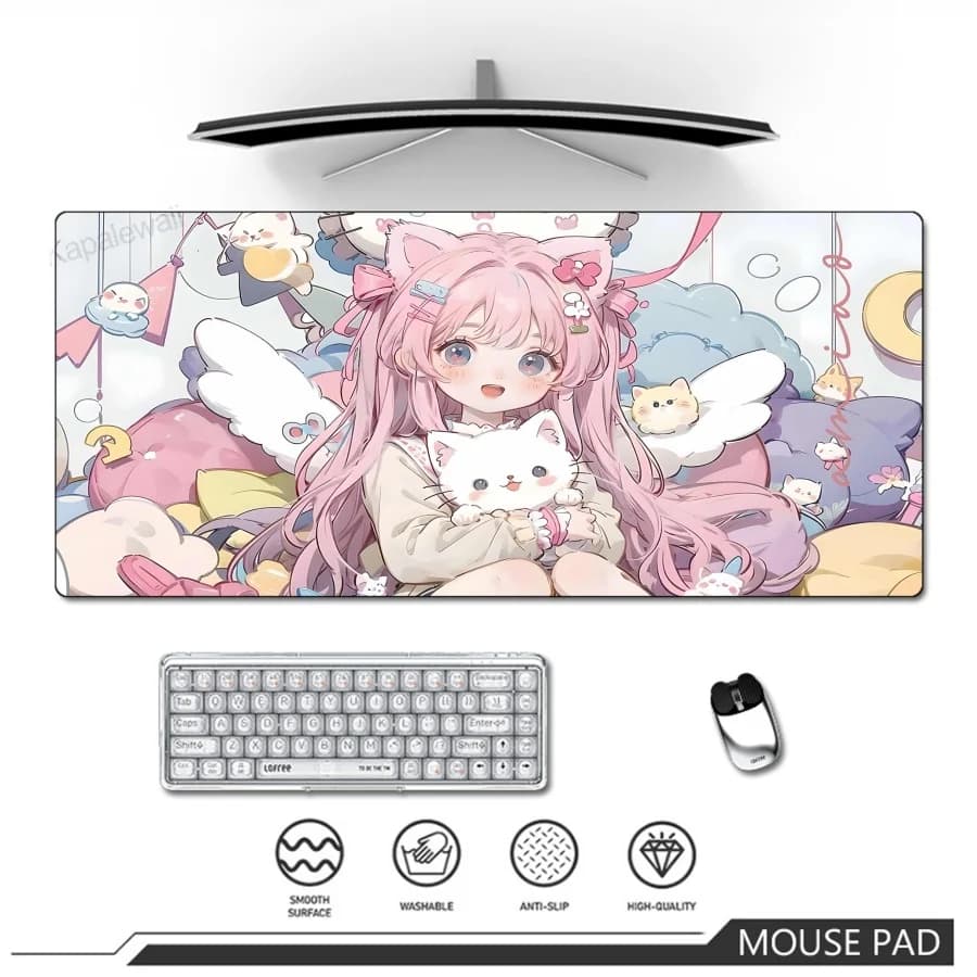 Tappetino per mouse da gioco Tappetino per mouse Girl Cat Design Tappetino per mouse Tappetino per mouse con base in gomma antiscivolo per anime di grandi dimensioni per tastiera per PC