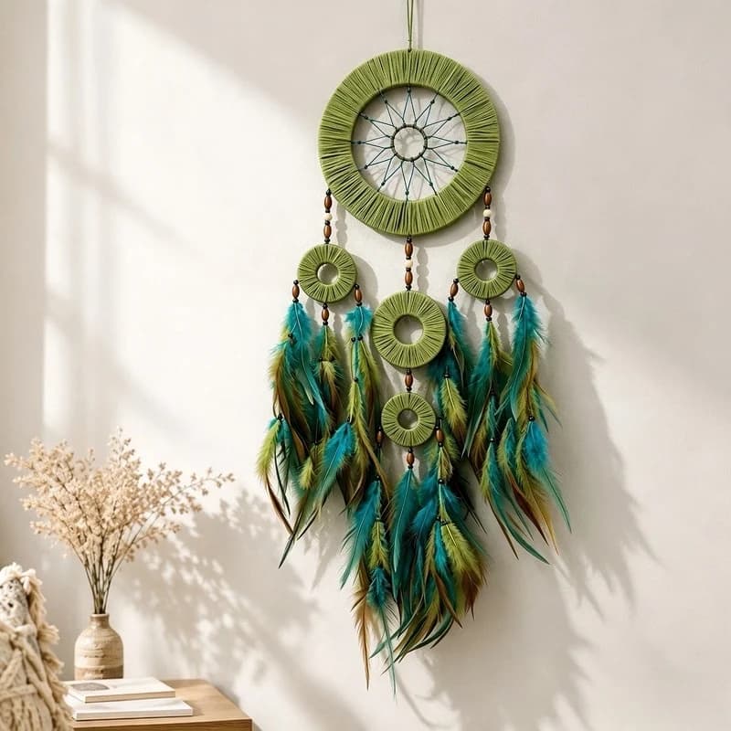 Forest Green Dream Catcher Multilayer Feather Pendant Bohemian Five-Circle Dream Catcher Home Decor Wind Chime Wall Decoration