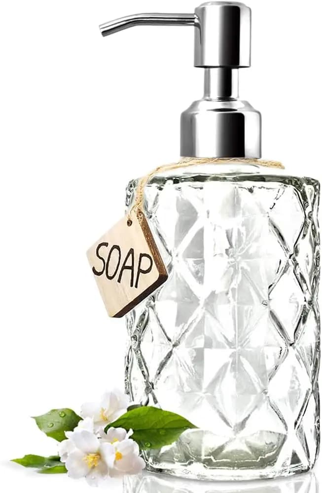 Dispenser di Sapone in Vetro da 12 Oz con Pompa in Acciaio Inox 304, Antiruggine, Design Geometrico Trasparente