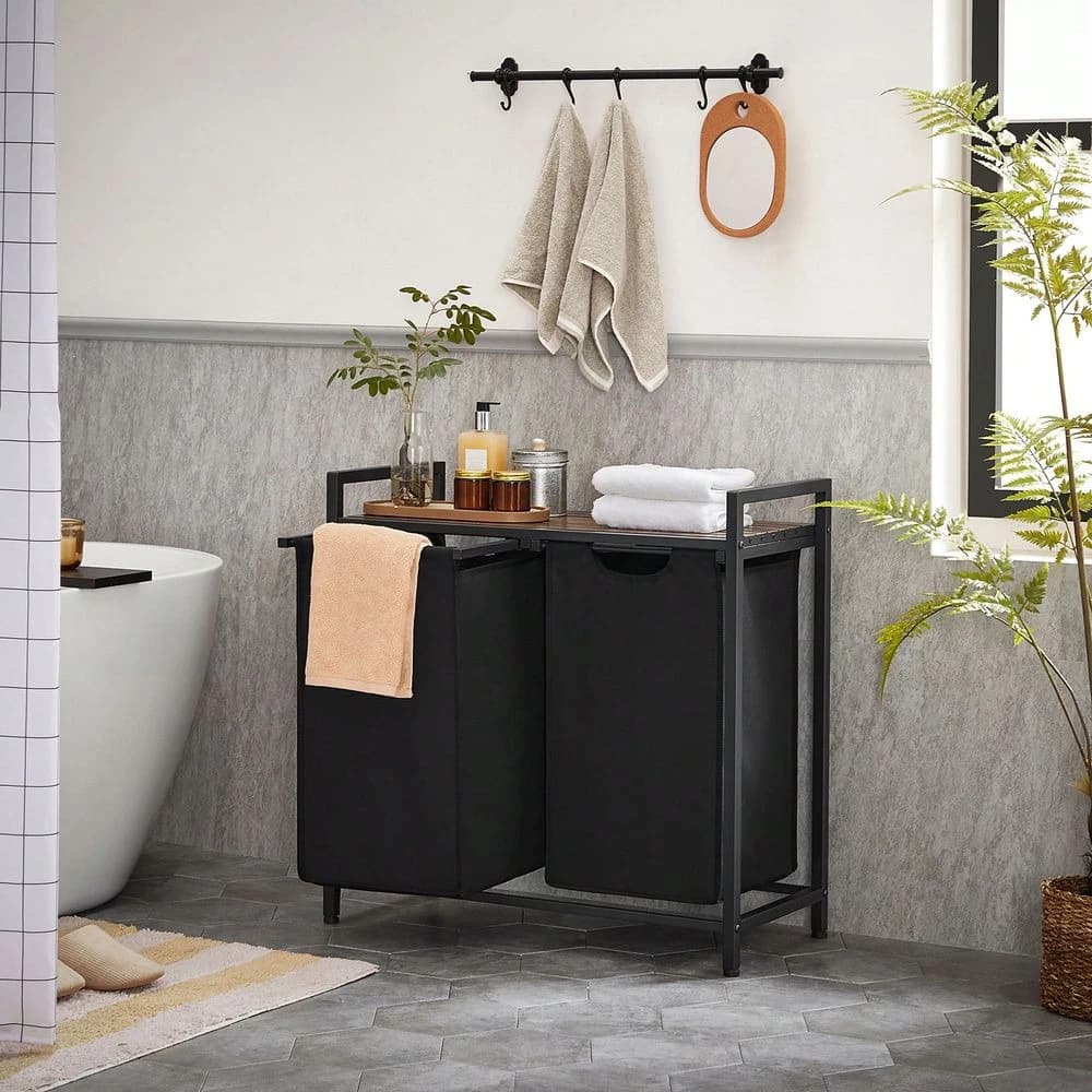 Cesto portabiancheria con 2 sacchi estraibili rimovibili, ripiano e struttura in metallo, 2 x 12,1 galloni (46L)