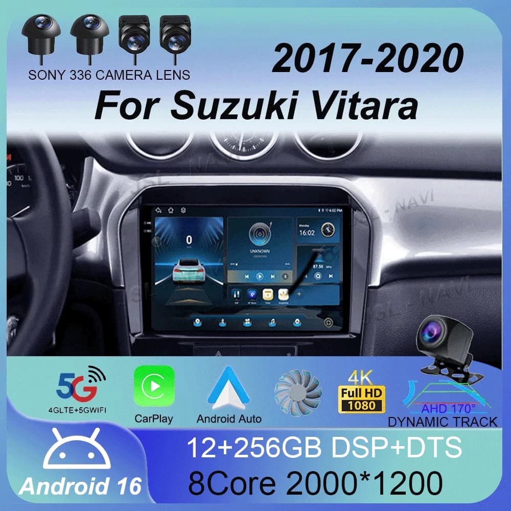 Autoradio Android 16 per Suzuki Vitara 2017 2018 2019 2020 con CPU ad alte prestazioni, lettore multimediale video, navigatore GPS e dash cam