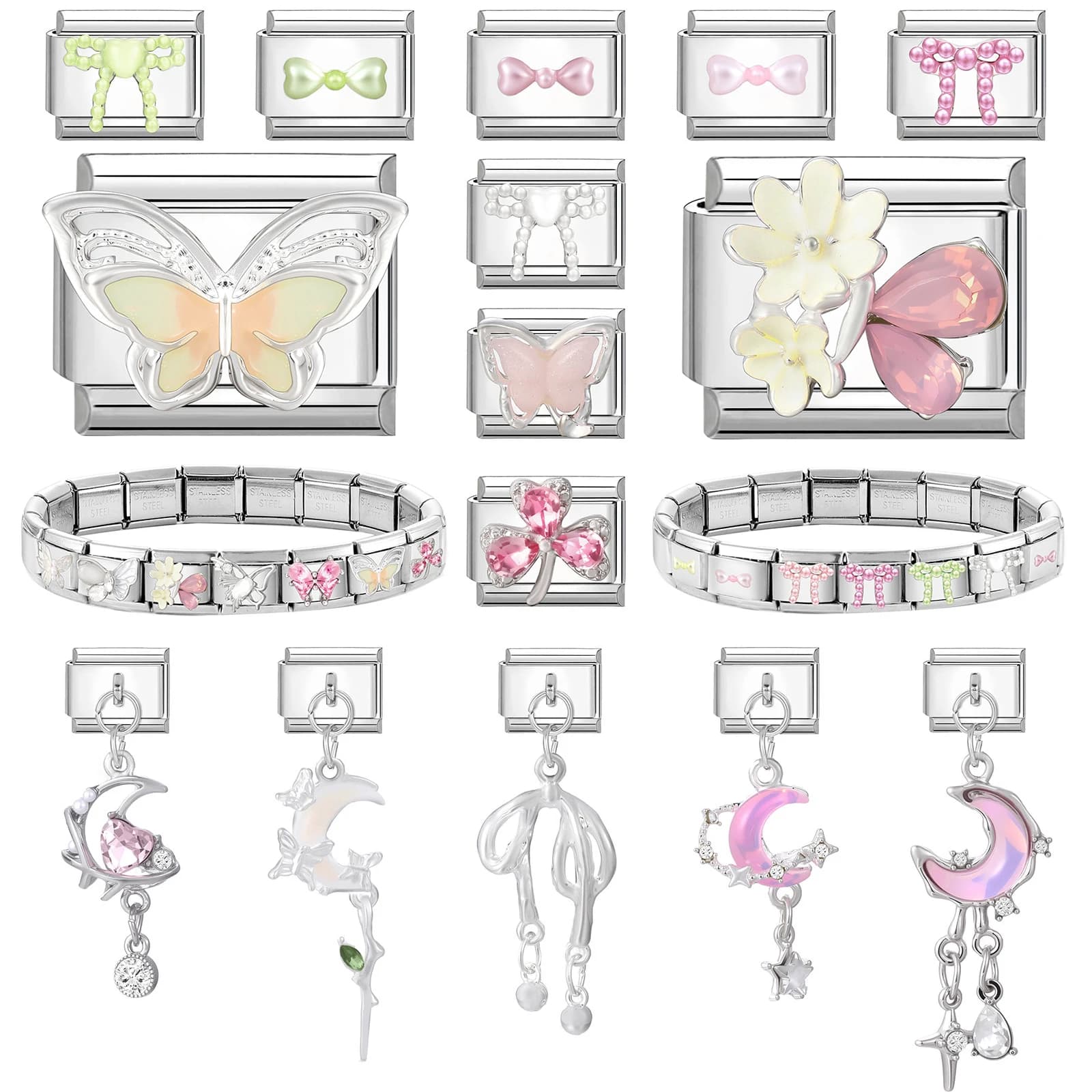 Moda zircone fiocco nodo stella cuore fiore fascino italiano collegamenti in acciaio inossidabile misura braccialetto modulare da 9 mm commercio all'ingrosso di gioielli fai da te