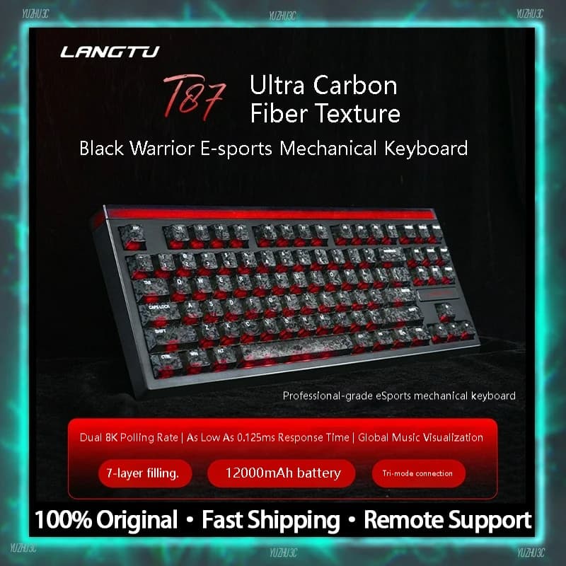 Tastiera da Gaming Wireless LANGTU T87 TKL con Keycaps in Fibra di Carbonio, Polling Dual 8kHz, Batteria da 12000mAh, Wireless 2.4G, Supporto Gasket, Compatibile SOCD TGL MT