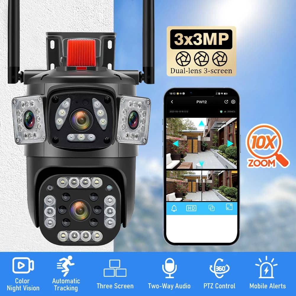 Telecamera WiFi da 9MP 8K per esterni Zoom 10X Tre lenti Doppio schermo PTZ Telecamera da strada per videosorveglianza di sicurezza impermeabile