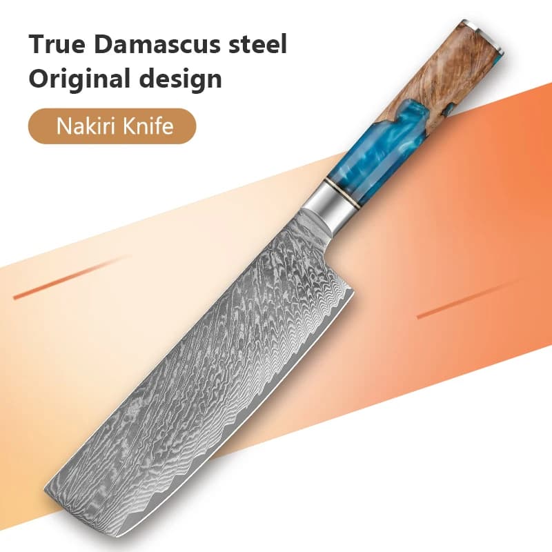 7 Inch Nakiri knife 67 layers Damascus steel kitchen knife Japanese meat kitchen knife VG10 Cooking knife for vegetables Blue resin handle