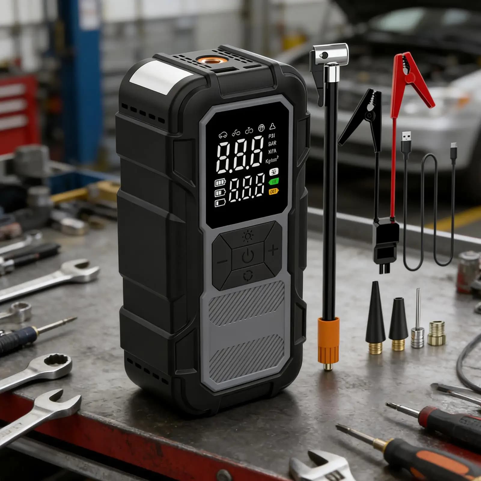 Avviatore di emergenza per auto con compressore d'aria Alimentatore per batteria per auto a ricarica rapida con cavi di avviamento di emergenza
