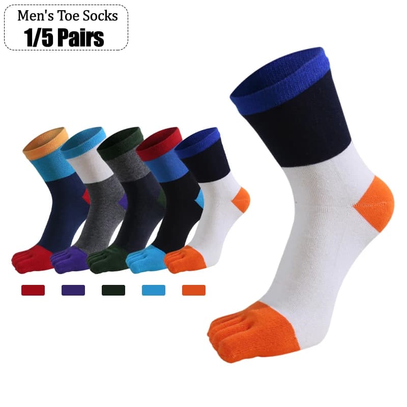 1/5 Pairs Men Five Finger Socks Multi Color Patchwork Striped Soft Breathable Cotton Split Toe Crew Socks For Male Daily Walking