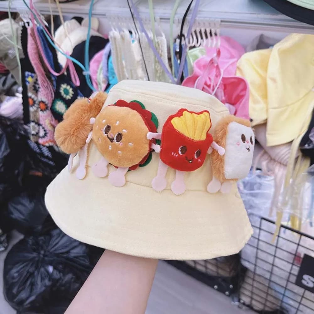 Breathable Sunscreen Basin Cap Adjustable French Fries Hamburger Fisherman Hat Lightweight Polyester Cartoon Sunshade Hat Summer