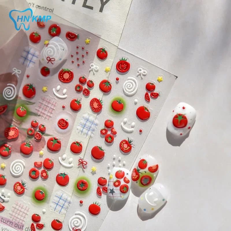 Kawaii Rosso Gelatina Pomodoro Nail Art Sticker Bowknot Stella Carino Frutta Estiva 5D Frutta Autoadesiva Unghie Artistiche Decalcomanie Per L'estate FAI DA TE