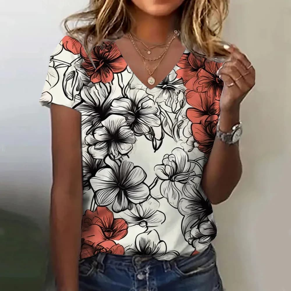 T-shirt estate abbigliamento donna moda scollo a v manica corta stampa floreale Top Casual abbigliamento allentato incontri t-shirt donna elegante