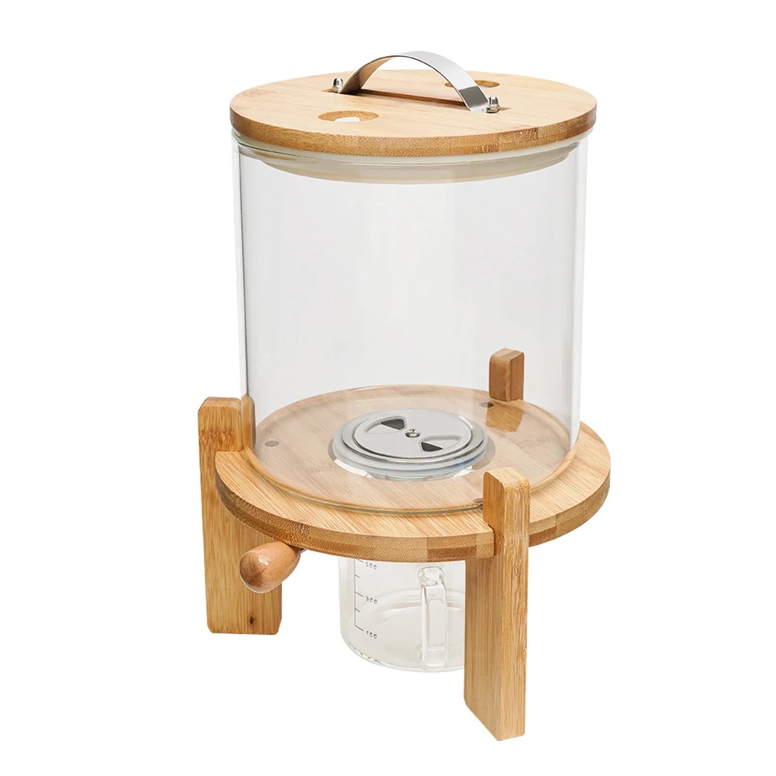Dispenser di riso Contenitore per alimenti in vetro da 5 litri per dispensa da cucina, con coperchio ermetico, misurino e supporto in legno