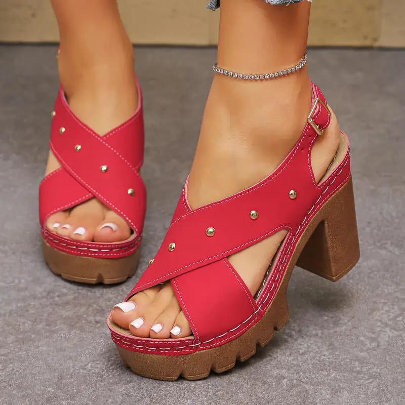 Gladiator sandals with vintage cross strap with super high heel Woman Summer 2026 Ankle strap sandals signed with metal rivets Women's shoes