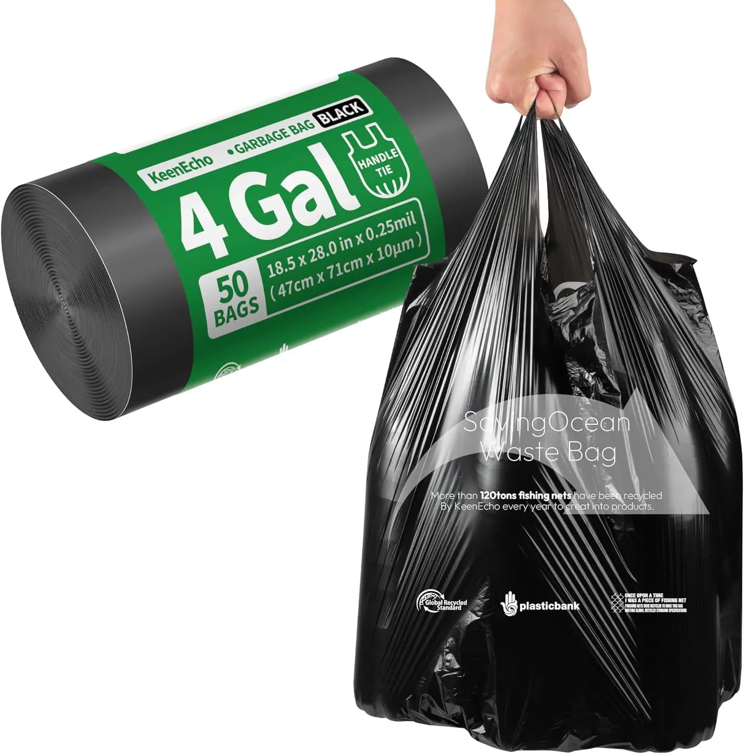 Small Trash Bags with Handles - Ocean Plastic Upcycling - Plastic Garbage Bags, Can Bin & Waste Basket Liner for Kitchen, Bathro