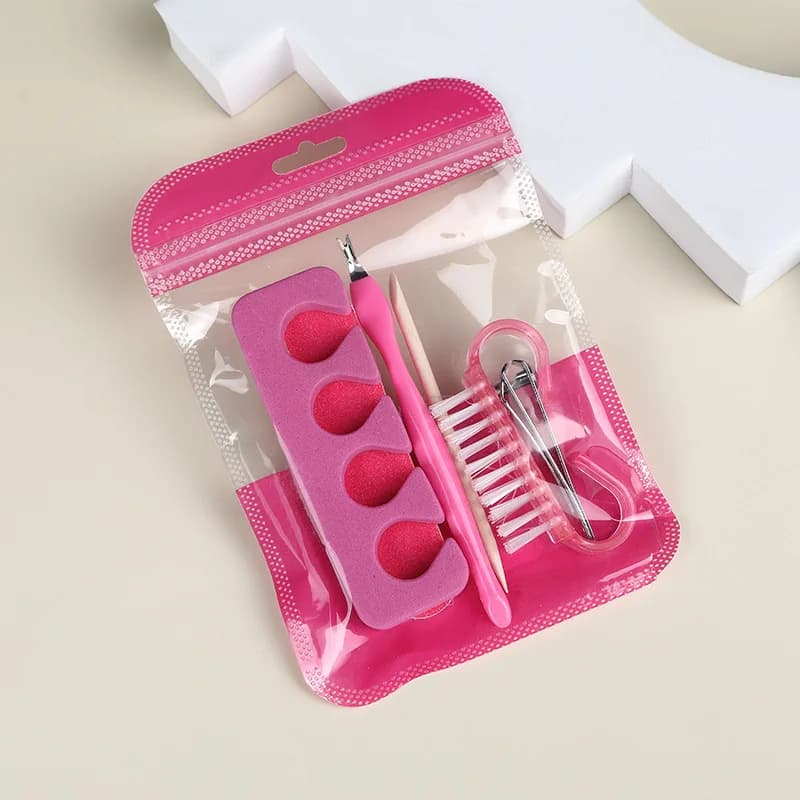 Set portatile per nail art, lima per unghie rosa, striscia lucidante, spazzola a corno, strumento per la rimozione della pelle morta, set per nail art da 6 pezzi