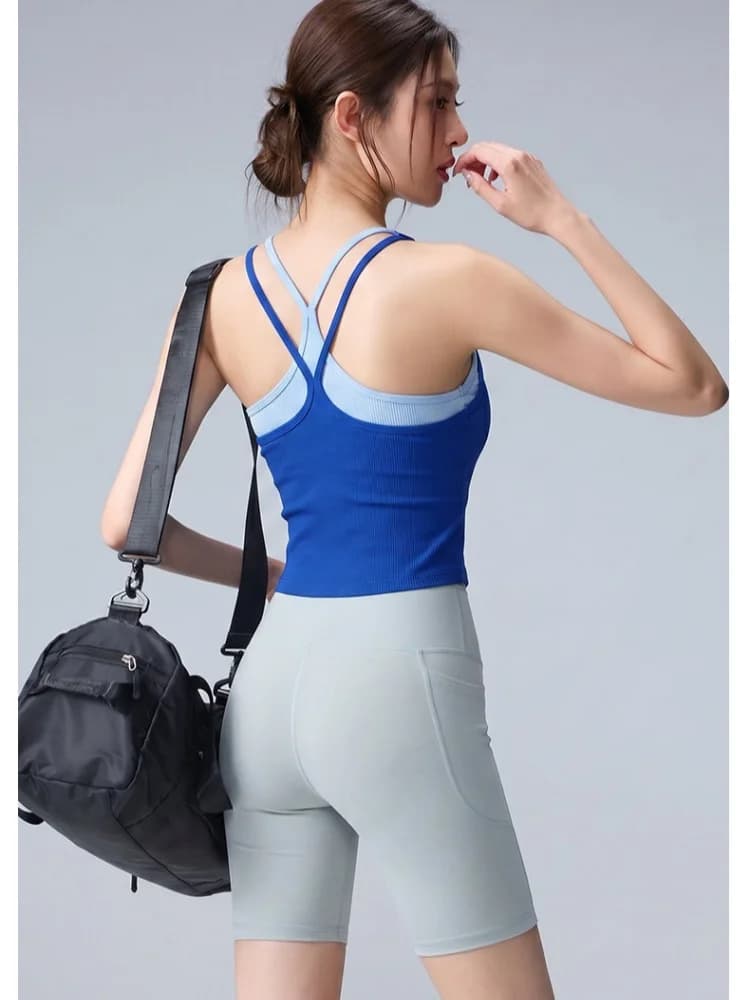Woman Yoga 2 Pieces Sets Contrast Color Sleeveless Cross Strap Vest High Wasit Short Leggings Sports Fitness Gym Breathable Sets
