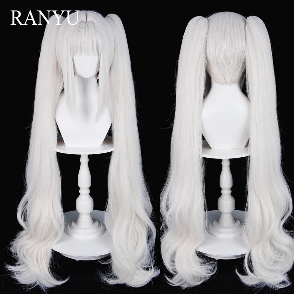 Parrucche sintetiche corte e lisce bianche con frangia, lunghe con doppio clip per coda di cavallo, per cosplay anime e giochi, parrucca soffice per uso quotidiano e feste