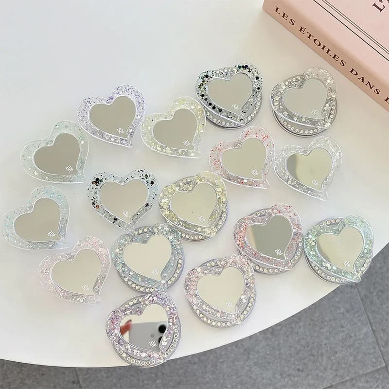Supporto Magnetico a Forma di Cuore con Glitter per Telefono, Adesivo Posteriore, Specchietto per Trucco, Supporto per Dita, Decorazione per Cellulare