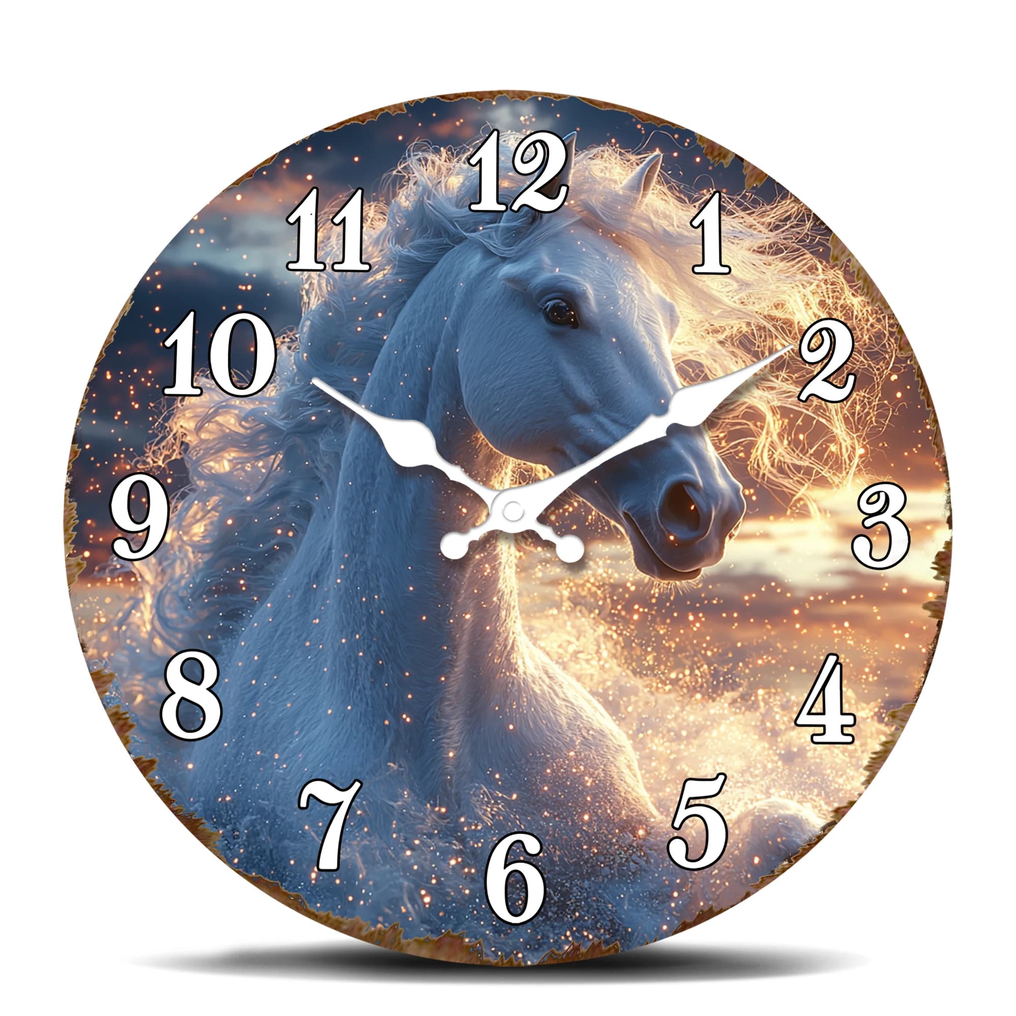 Round wall clock with white horse at sunset - Majestic animal theme decorative clock