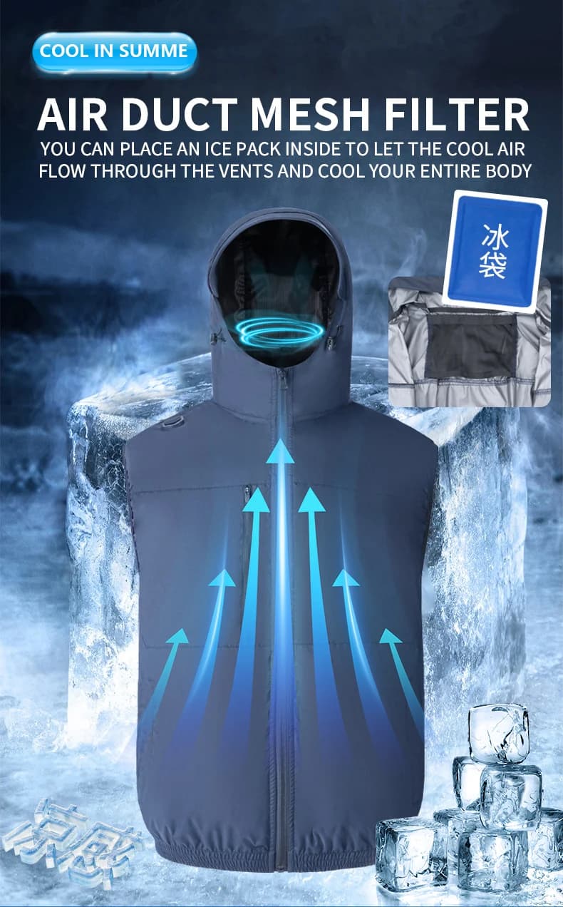 Gilet Estivo Traspirante con Cappuccio e Ventilatore Integrato per il Raffreddamento, Ideale per Lavoro e Attività all'Aperto (Escluso Power Bank)