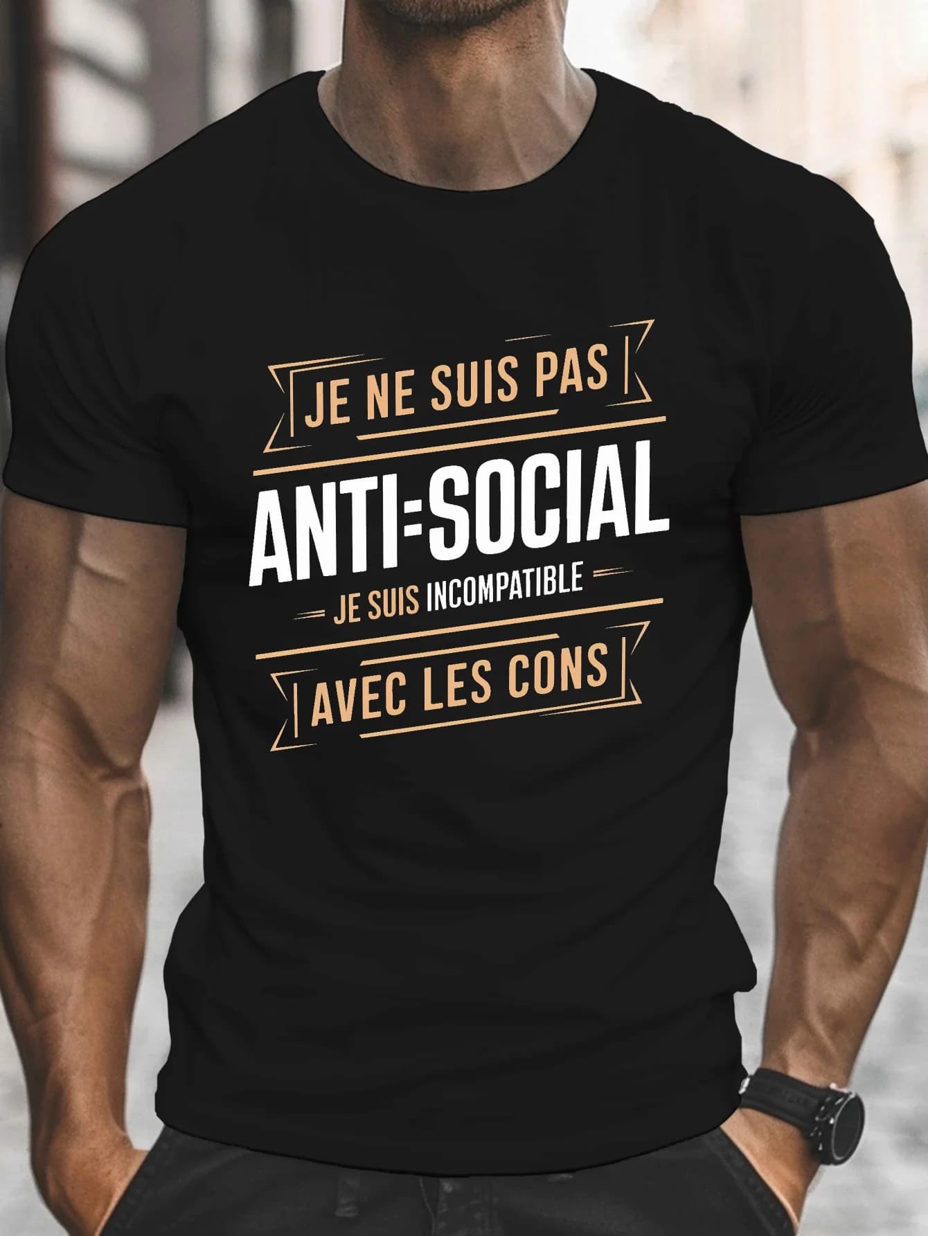 Dramatic layout with pattern I AM NOT ANTI SOCIAL, short sleeved men's t-shirt with round neckline