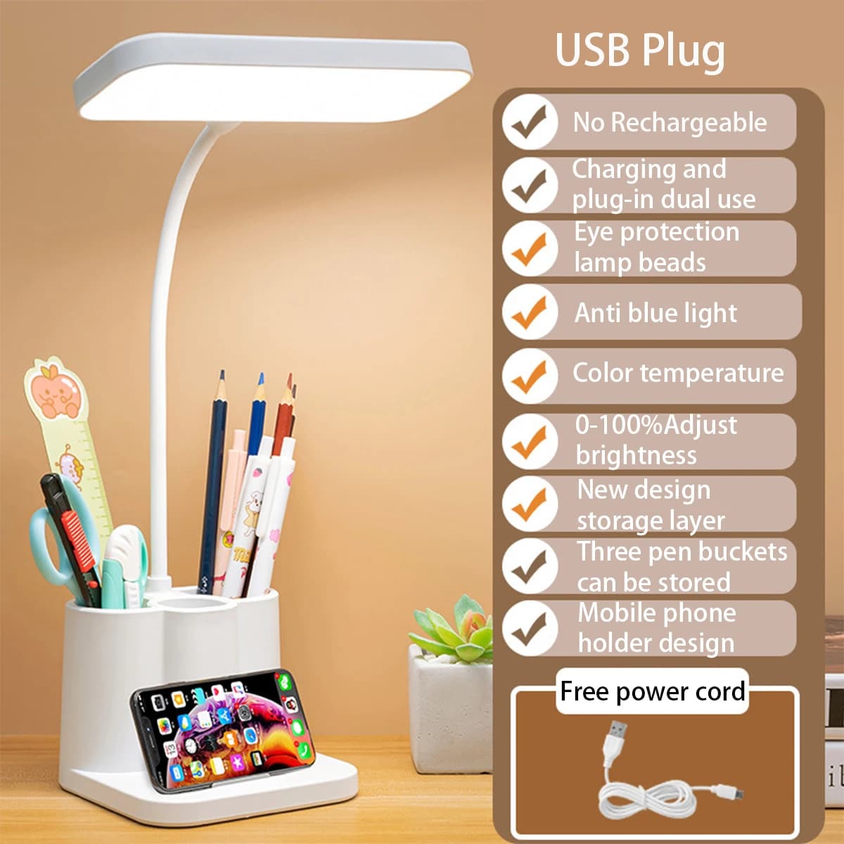 Lampada da tavolo a LED USB 3 colori Protezione per gli occhi Lampada da lettura per libri per studenti universitari Luce notturna per dormitorio di apprendimento sul comodino della camera da letto