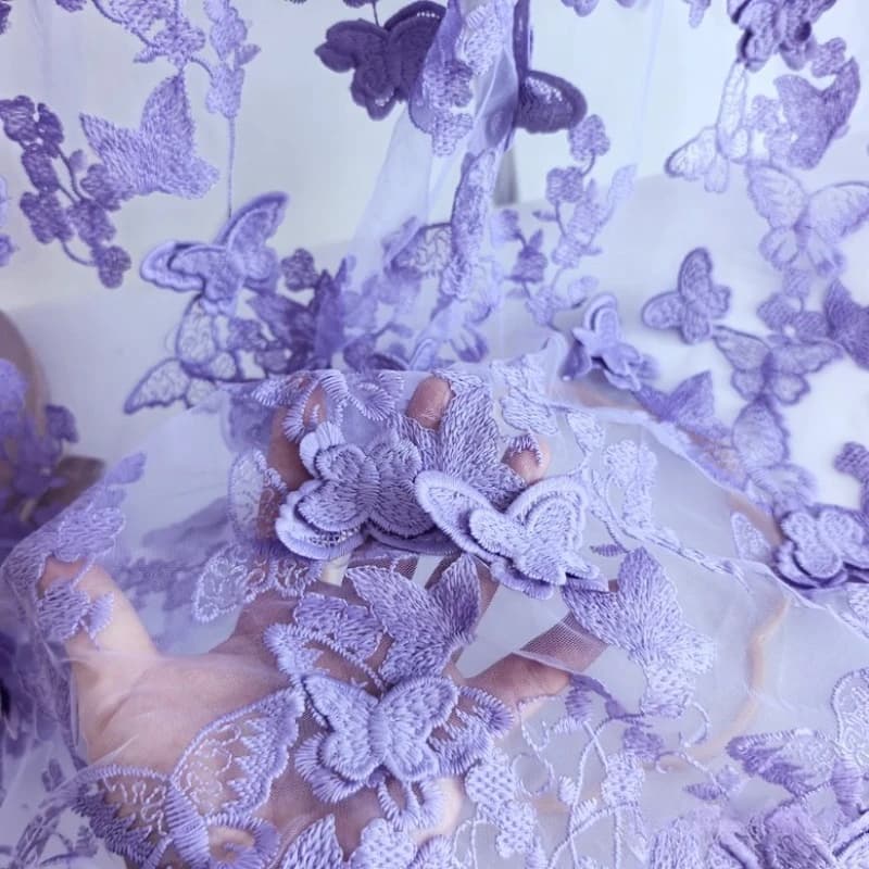 Purple One Sided Butterfly Lace Fabric Elegant Sheer Soft for Spring Summer Dress Gown Curtain Accessory DIY Sewing Accessories