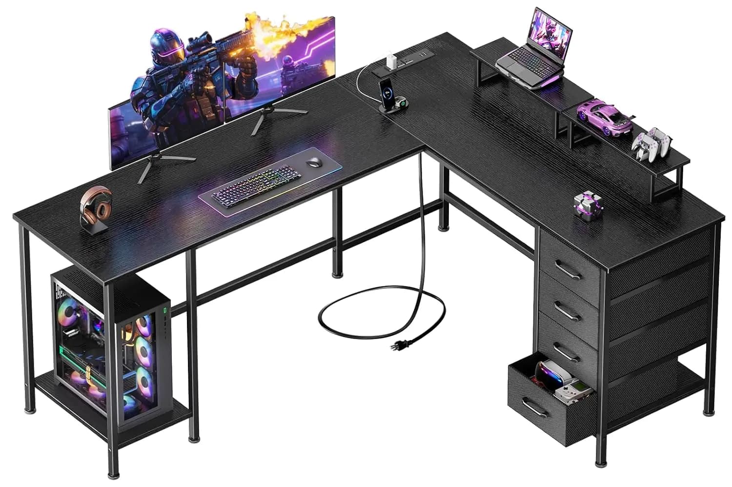 Scrivania a L da 59 Pollici con Prese di Corrente, 4 Cassetti Regolabili, 2 Supporti per Monitor, Tavolo da Gaming per Camera da Letto e Ufficio, Personalizzabile
