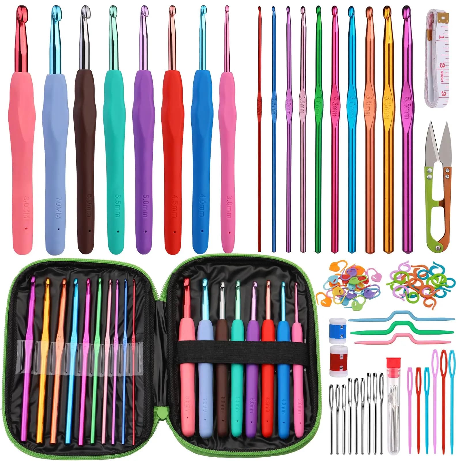 Fenrry Set di uncinetti Kit di aghi per uncinetto Aghi per filati per principianti Custodia verde e accessori per uncinetto per lavori a maglia