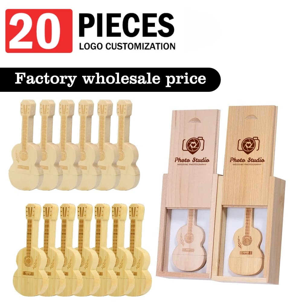 20 pz/lotto Chiavetta USB a forma di chitarra in legno, con logo personalizzabile, regalo musicale, Pendrive 4GB 8GB 16GB 32GB 64GB 128GB