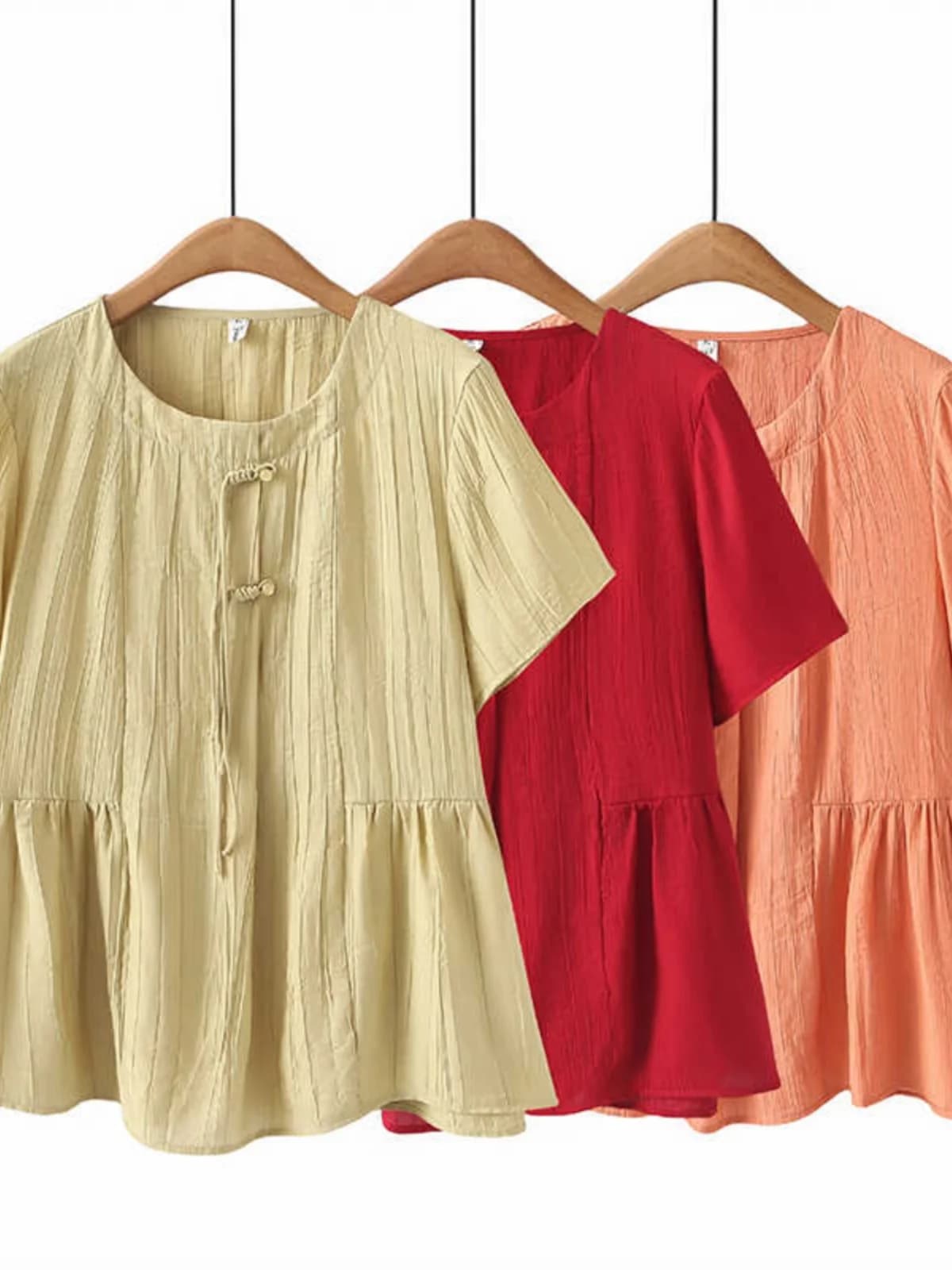 Loose Fit Casual Shirt round Neck Pleated Korean Style plus Size Women's Design Sense Button up Doll Shirt Polyester Fiber