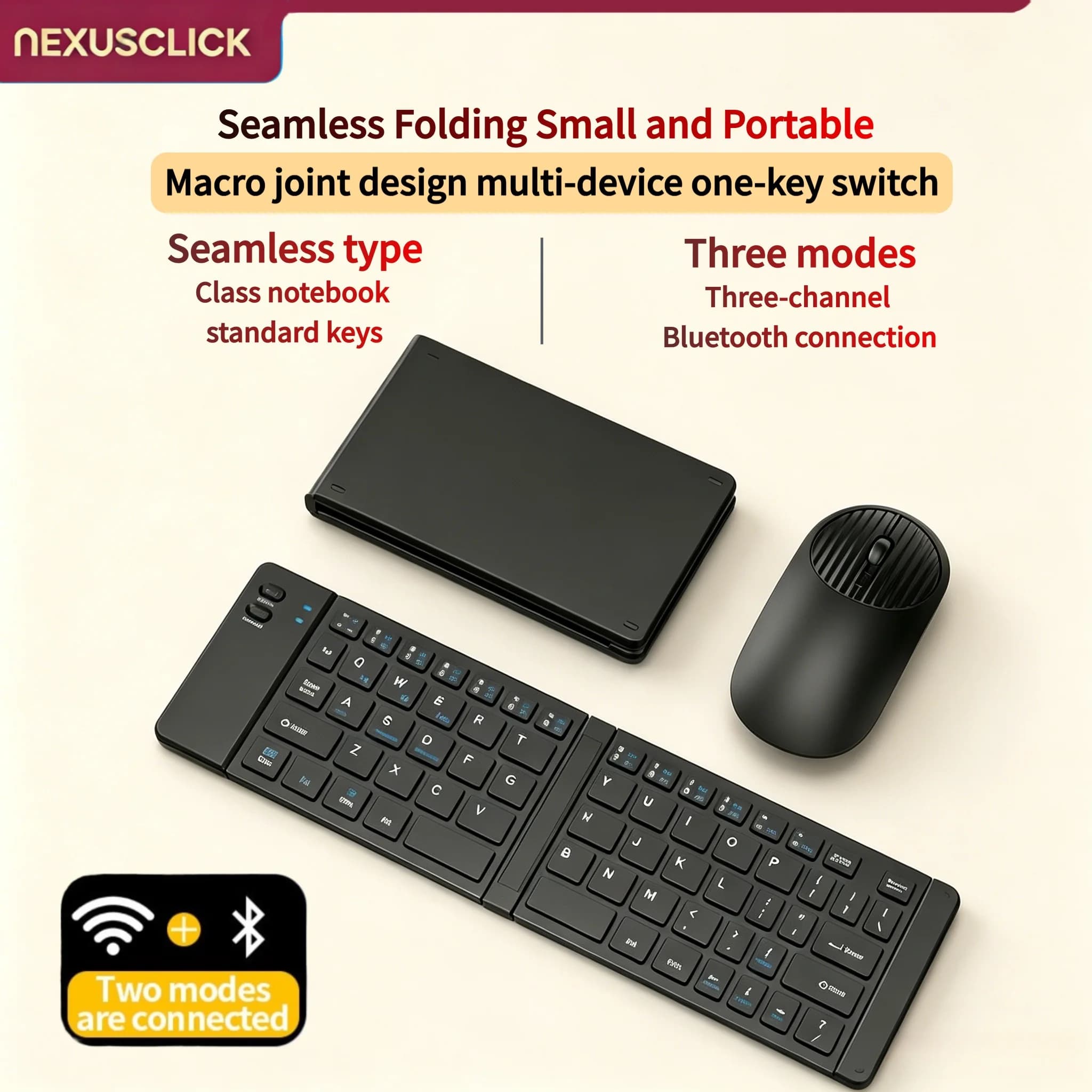NexusClick New Mini Wireless Bluetooth Keyboard Mouse Set,Rechargeable Foldable Portable Combo for PC Mac SmartPhone iOS Android
