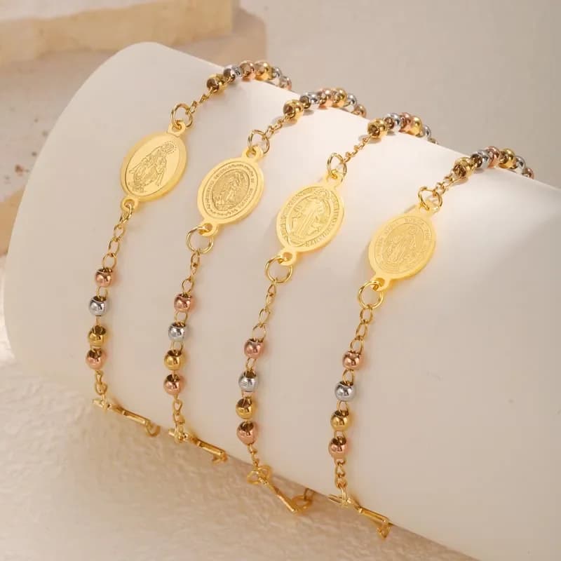 Holy Three-color Rosary Cross Bracelet for Women, Stainless Steel Gold Color Benedict Round Beads Bracelets,Christianity