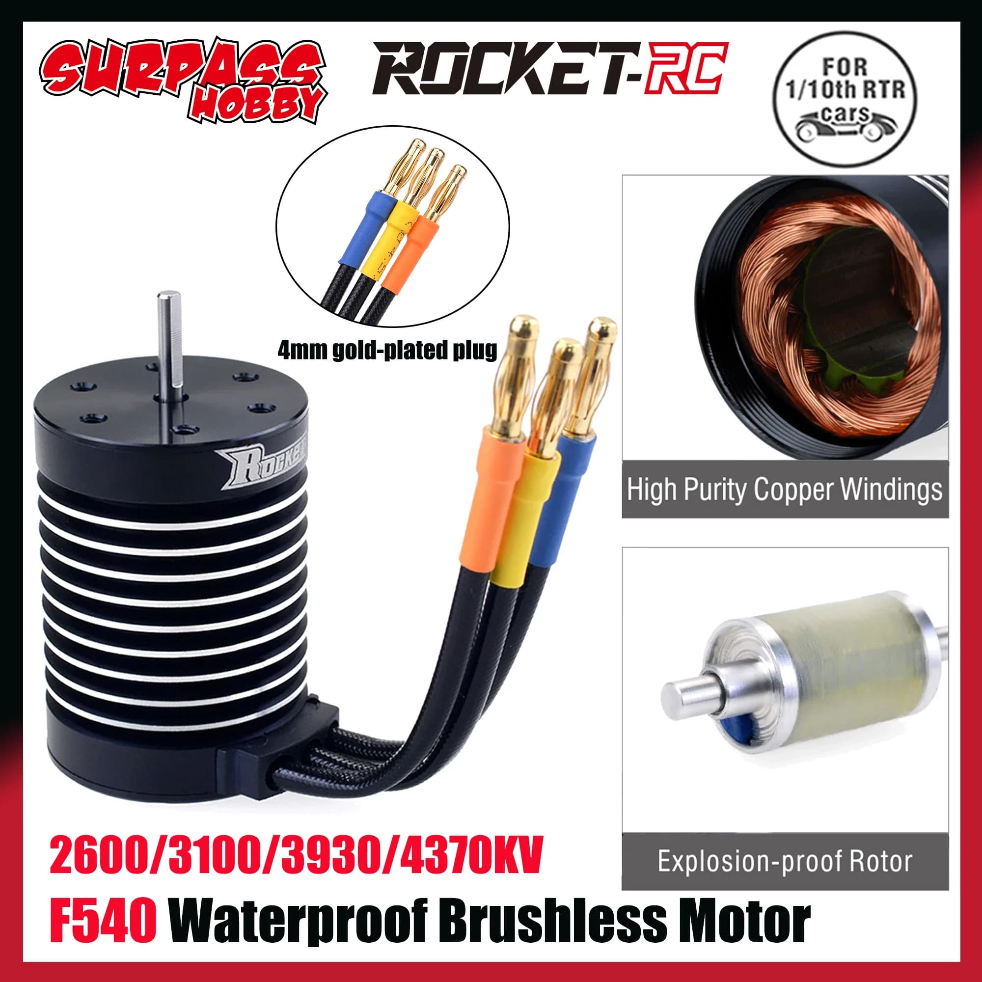 Rocket-RC F540 2600/3100/3930/4370KV Motore Brushless Sensorless Impermeabile per 1/10 1/12 RC Auto Tamiya Axial Redcat Accessori
