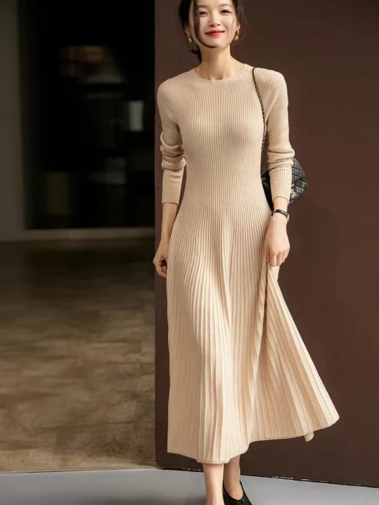 Spring Autumn Sweater Women's Dress 100% Merino Wool Dress O-Neck Slim Maxi Skirt Basic Long Sleeve Dress Sexy Inside Join Dress