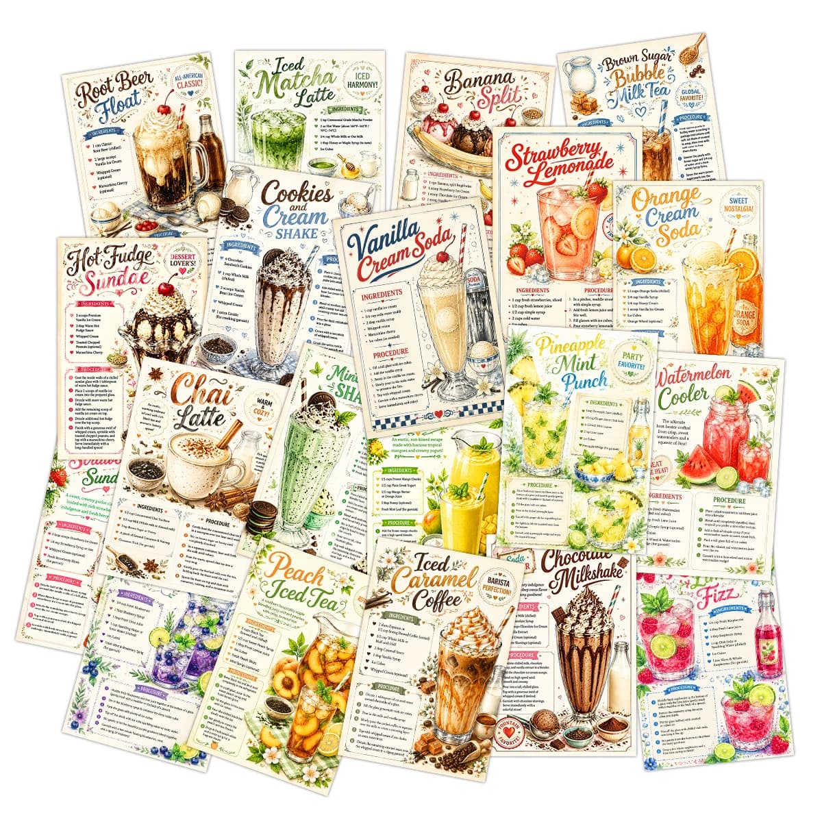 20pcs Colored Drink Recipe Postcards,Classic Beverage Step Instruction Cards,For Kitchen,Dessert Bar Wall Decor,Gifts Accessory