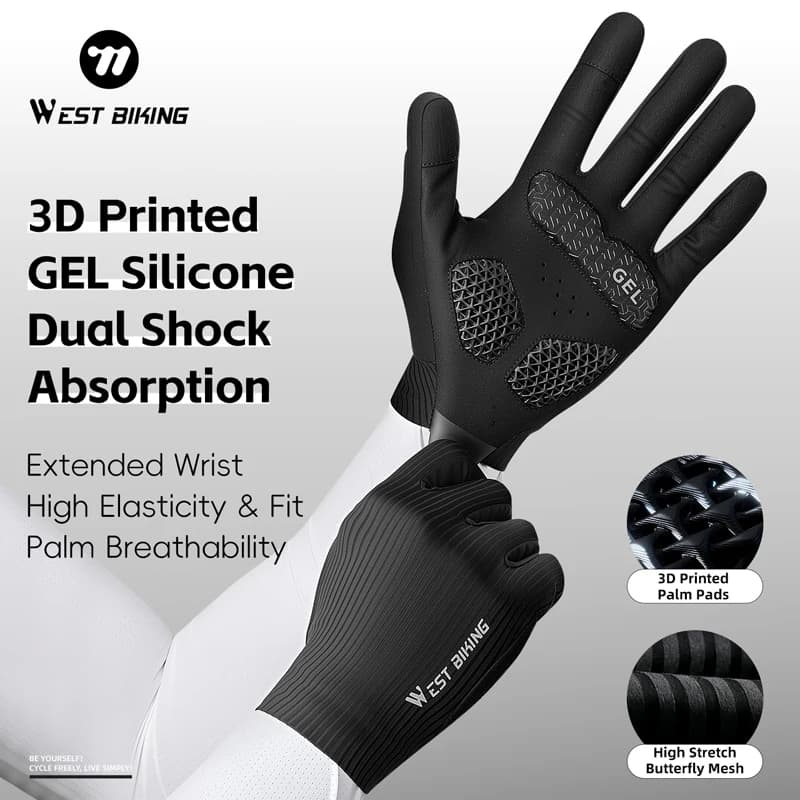 Cycling Gloves WEST BIKING Mezze Dita e Dita Intere, Estivi con Imbottitura XRD, Aerodinamici a Strisce, Stampa 3D, MTB, Uomo Donna, Guanti di Cavaliere